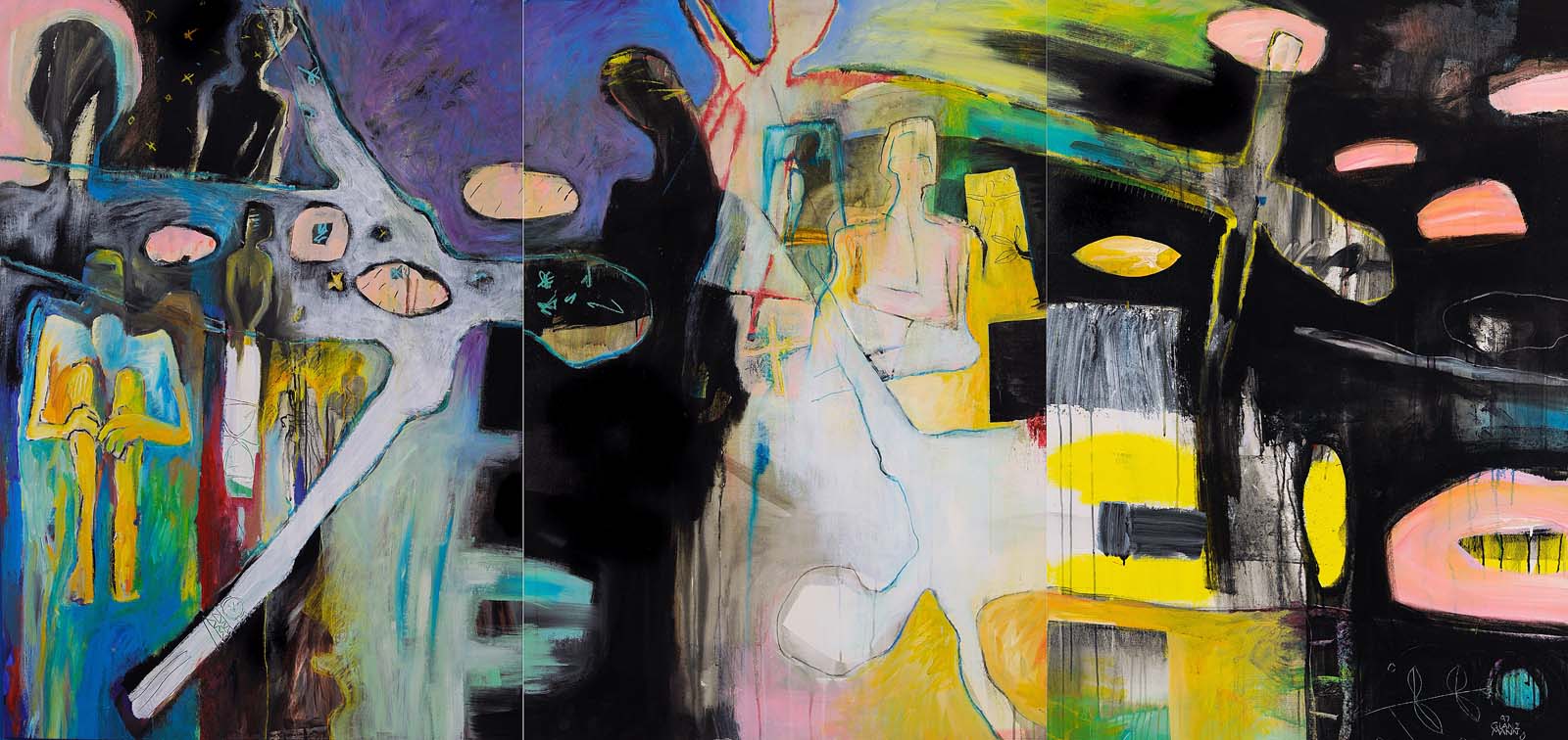 02 "Vol de nuit 2", Triptychon, Acryl auf Papier, 128 x 280cm, 1997
