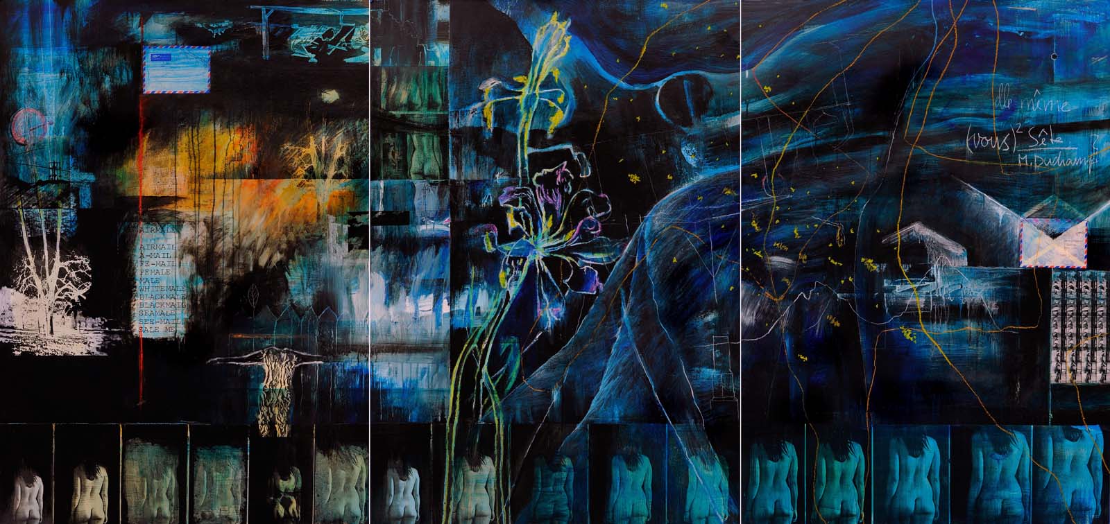 03 "Vol de nuit 3" (Elle même?-Question à M.Duchamp), Triptychon, Acryl auf Silbergelatine & Papier, 128 x 280cm, 2000