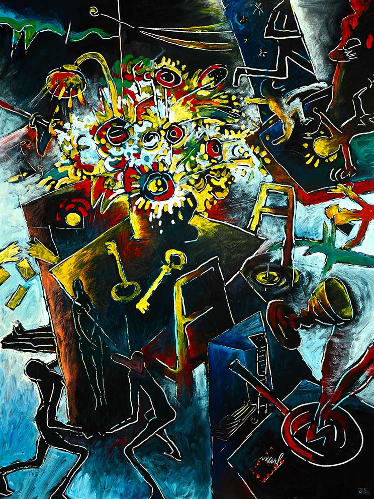 05 Minnelieder für Herzschrittmacher (Schlüsselblume), Acryl auf HK, 60 x 80cm, 1992.jpg
