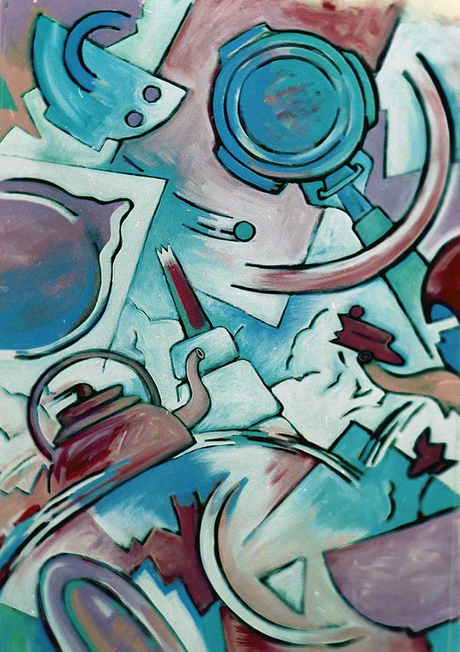 Childrenscorner 18 StillAlive in the Children's kitchen 2, Kohle,Acryl BW,128x91.5cm, 1992