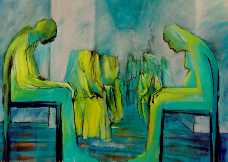 11 Vom Be-Sitzen & Stühlen, Acryl auf BW, 100 x 140cm, 1989