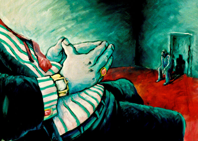 13 Vom Be-Sitzen & Stühlen, Acryl auf BW, 100 x 140cm, 1989
