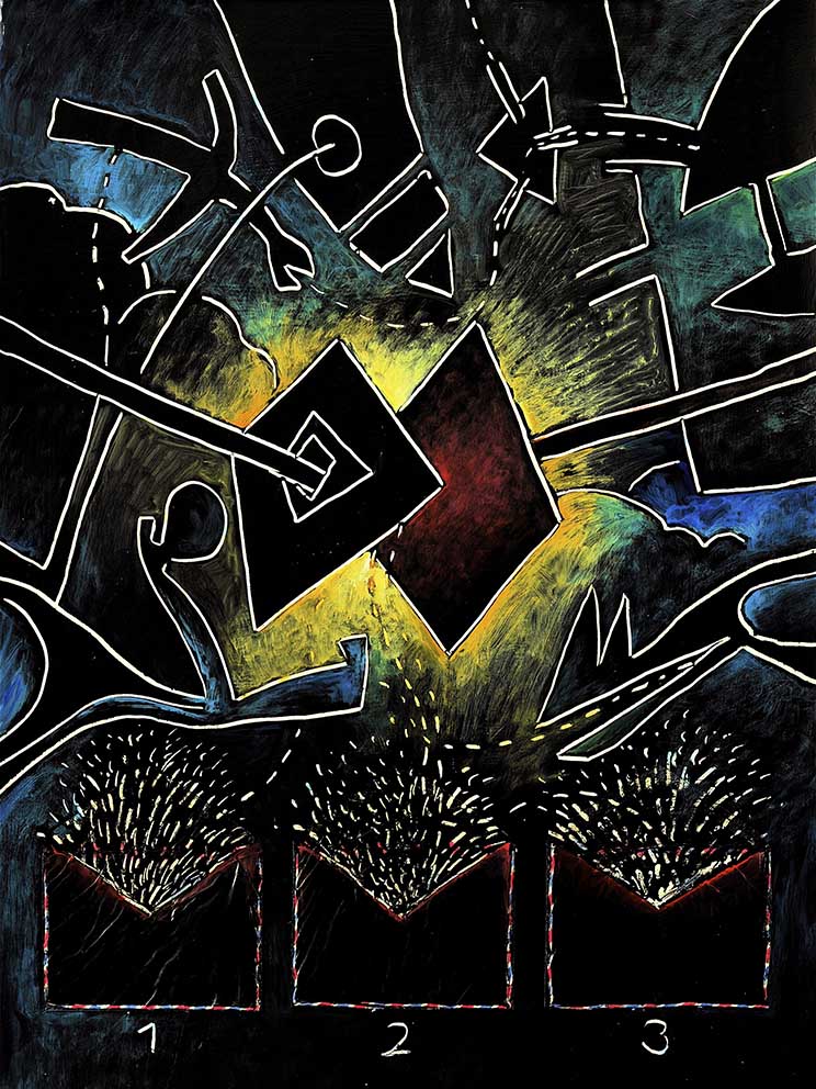19 Minnelieder für Herzschrittmacher (der Kondensator des Paris) Acryl auf HK, 60 x 80cm, 1993