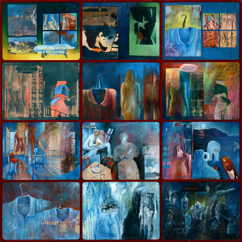 16 Nocturne "M." - Kompilation, 12 Pizza Margherita Kartons auf Holzplatte, 121 x 121cm, 2001