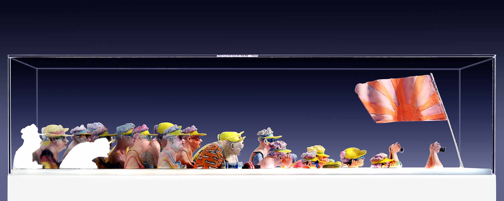 18 Bozzetti "Conquistadores " Terracotta & Gipsbozzetti bemalt, Holz, Plexihaube, 100x30x30cm, 1982 - fertig gestellt 2010