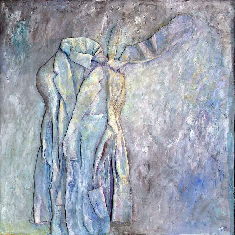 19 "Weisse Jacke", Ölfarbe auf Gipsrelief, Stahlrahmen, 100 x 100 x 10cm, 2012