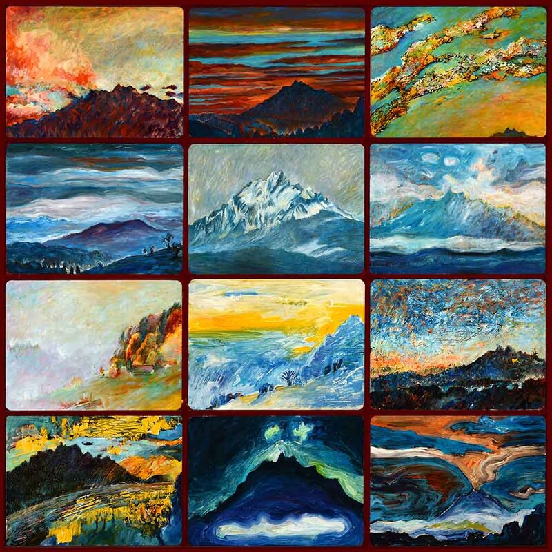 37 Pizzalandschaften 01 -12, Kompilation, Ölfarbe auf Pizzakartons (je 28,5 x 38,5cm) auf Holzplatte, 121 x 121cm, 2001