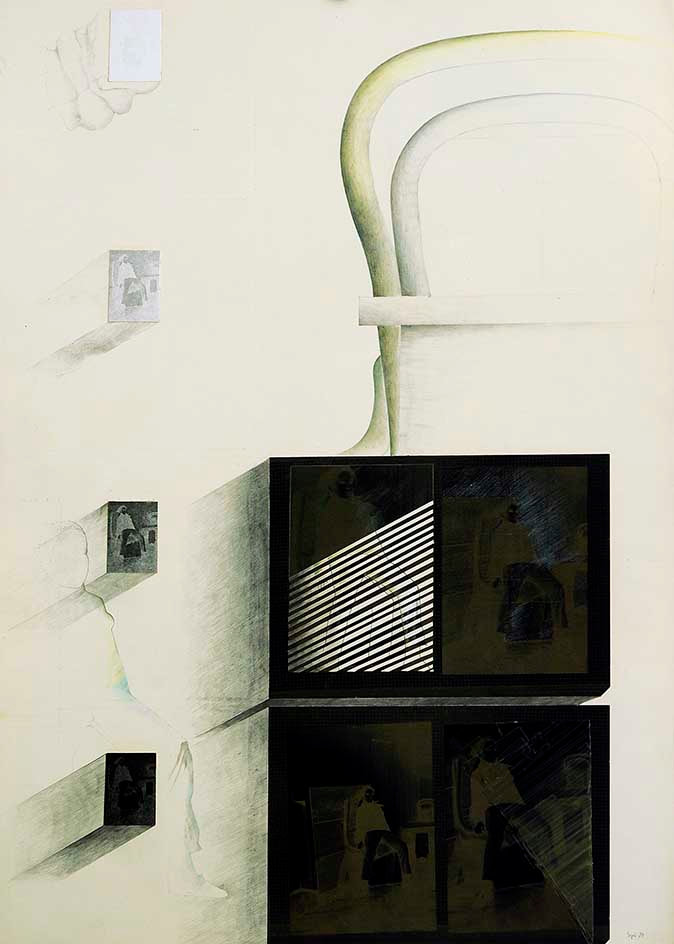 2 Dissolve 2, Blei-&Buntstift und Collage auf Papier, 60 x 84cm, 1970