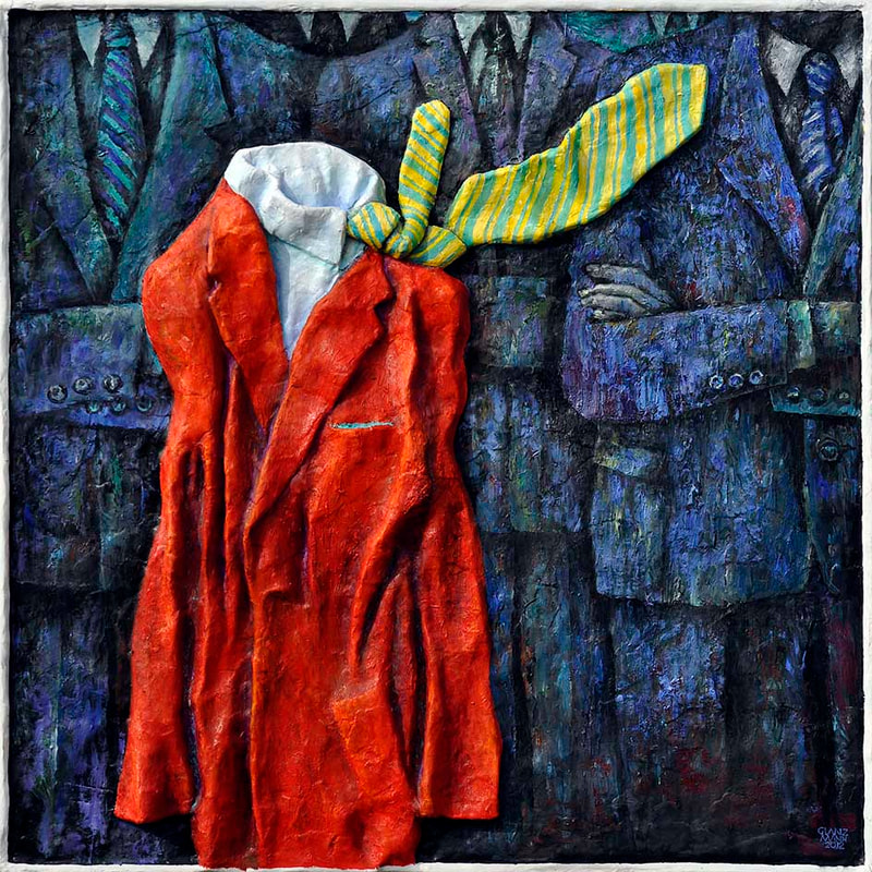 20 "Rote Jacke", Ölfarbe auf Relief-kaschiert, 100 x 100 x 10cm, 2012