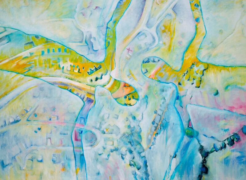 21 "Vol de nuit 4 - Google earth", Acryl auf Sonnenstoren Stoff, 190 x 260/cm, 2010