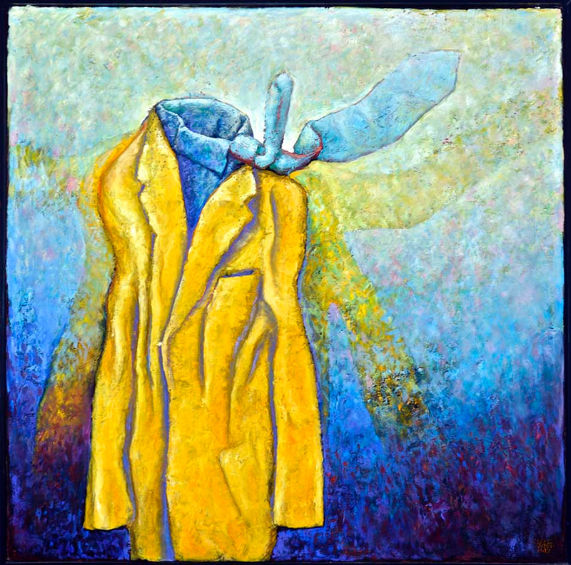 21 "Gelbe Jacke", Ölfarbe auf Relief-kaschiert, 100 x 100 x 10cm, 2013