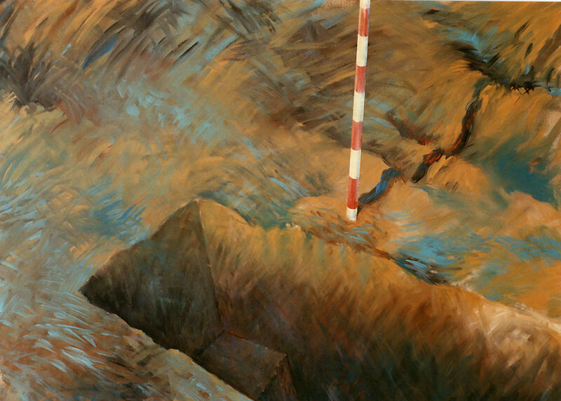 21 Vom Be-Sitzen & Stühlen (Erdstuhl), Acryl auf BW, 100 x 140cm, 1989