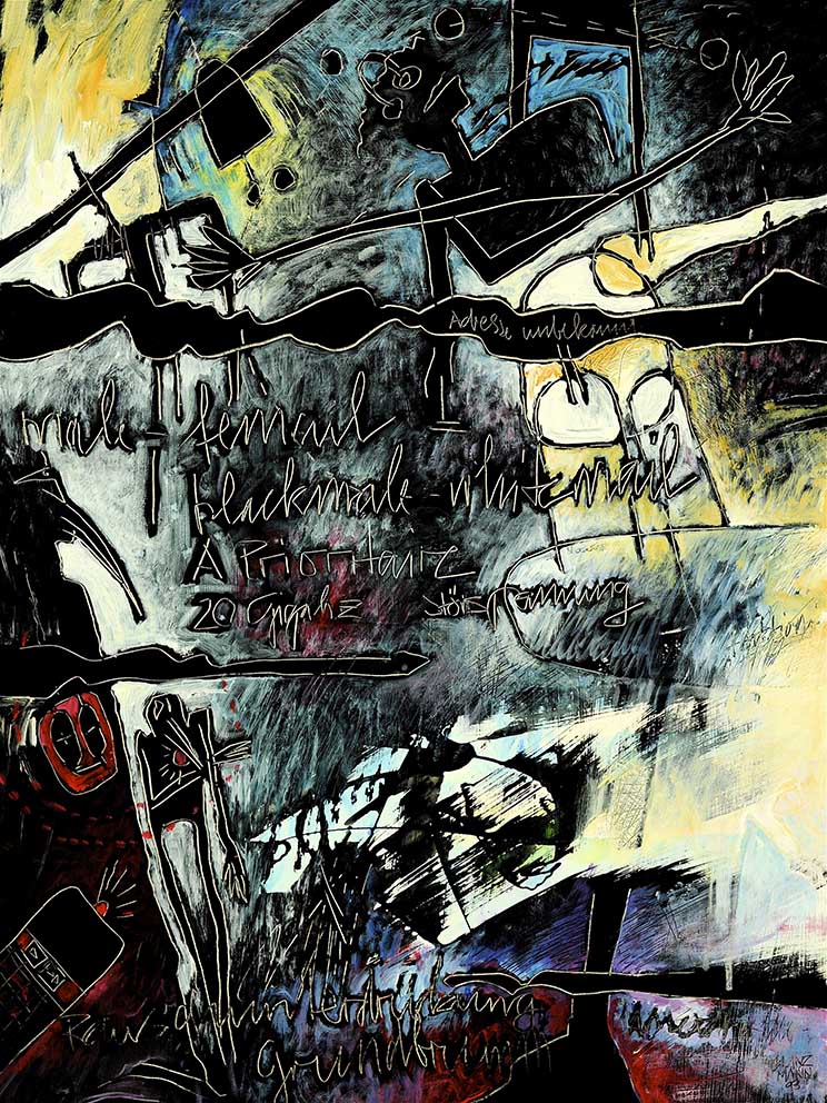 34 Minnelieder für Herzschrittmacher (Störspannung auf 20GHZ) Acryl auf HK, 60 x 80cm, 1993