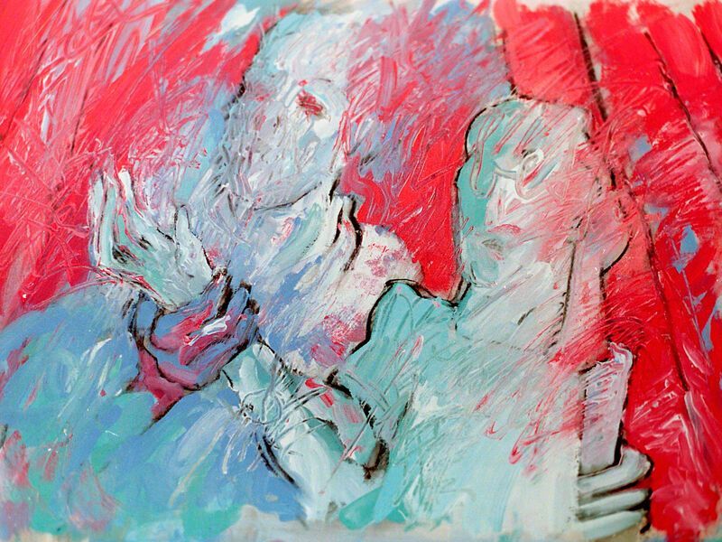 27 Vom Be-Sitzen & Stühlen (Faust & Margarete), Acryl auf BW, 60 x 80cm, 1991