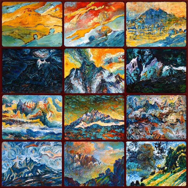 38 Pizzalandschaften 13 -24, Kompilation, Ölfarbe auf Pizzakartons (je 28,5 x 38,5cm) auf Holzplatte, 121 x 121cm, 2001