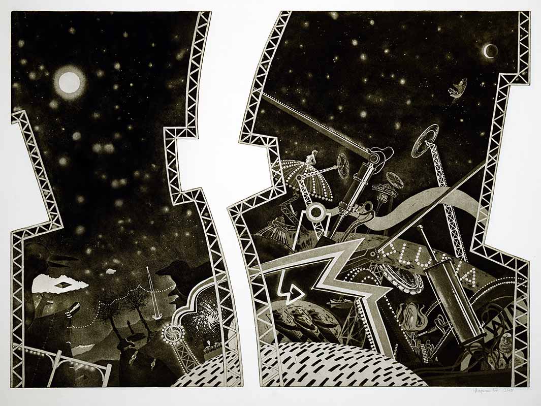 20 "Mondflug" 49 x 68cm auf Bütten(60x80), 1987