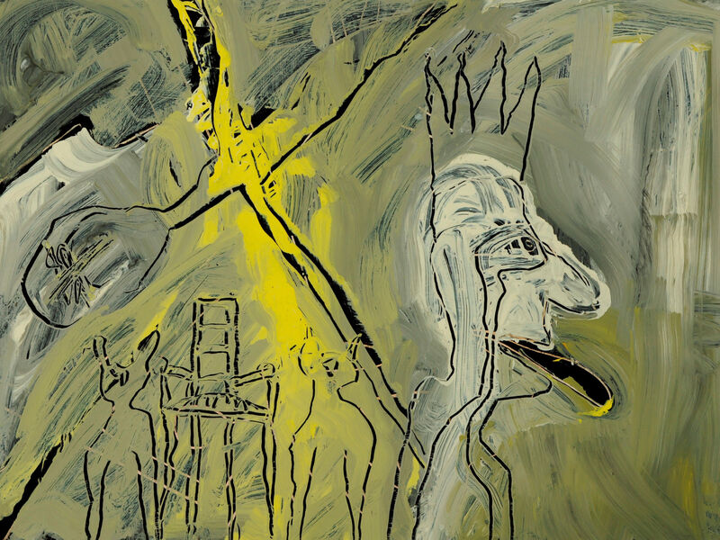 32 Vom Be-Sitzen & Stühlen (Inthronisierung), Acryl auf HK, 60 x 80cm, 1994