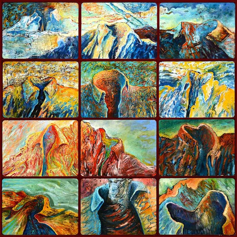 39 Pizzalandschaften 25-36, Kompilation, Ölfarbe auf Pizzakartons (je 28,5 x 38,5cm) auf Holzplatte, 121 x 121cm, 2001