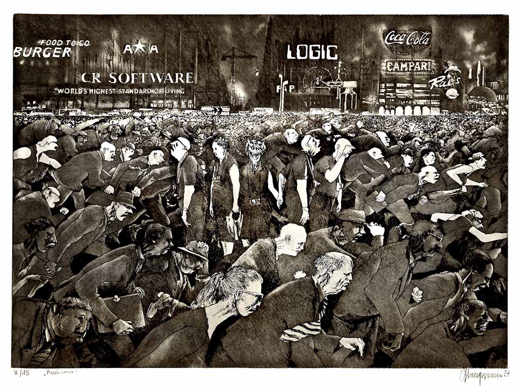 21 "Rush hour" 35 x 48cm auf Bütten(54x76),1987