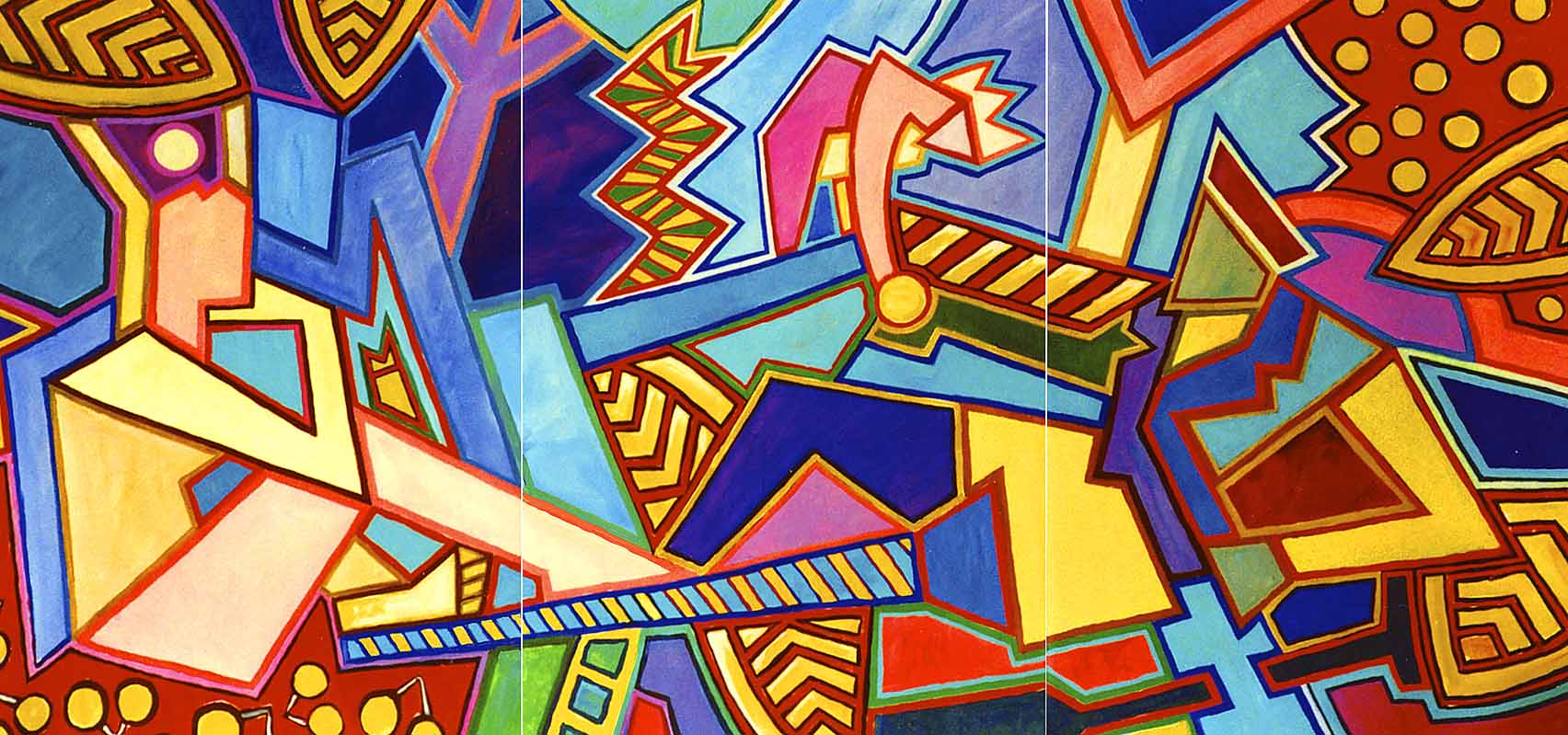 Im Garten der Hesperiden (rollover Raimondi, Manet,...), Triptychon, Acryl auf Papier, 128x273cm, 1989