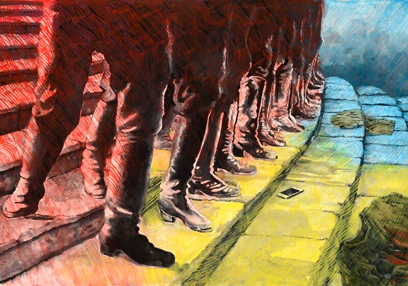 Vergl.Zyklus "Sitzen&Be-Sitzen" "Odessa " (Who’s afraid of Red, Yellow and Blue),Acryl/Papier,140x200cm,2022