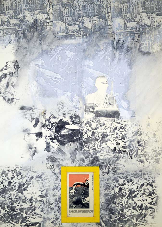 7 Dissolve 15, (Armeeliteratur.ch), Frottage, Collage,Acryl auf Papier, 60 x 84cm, 1971