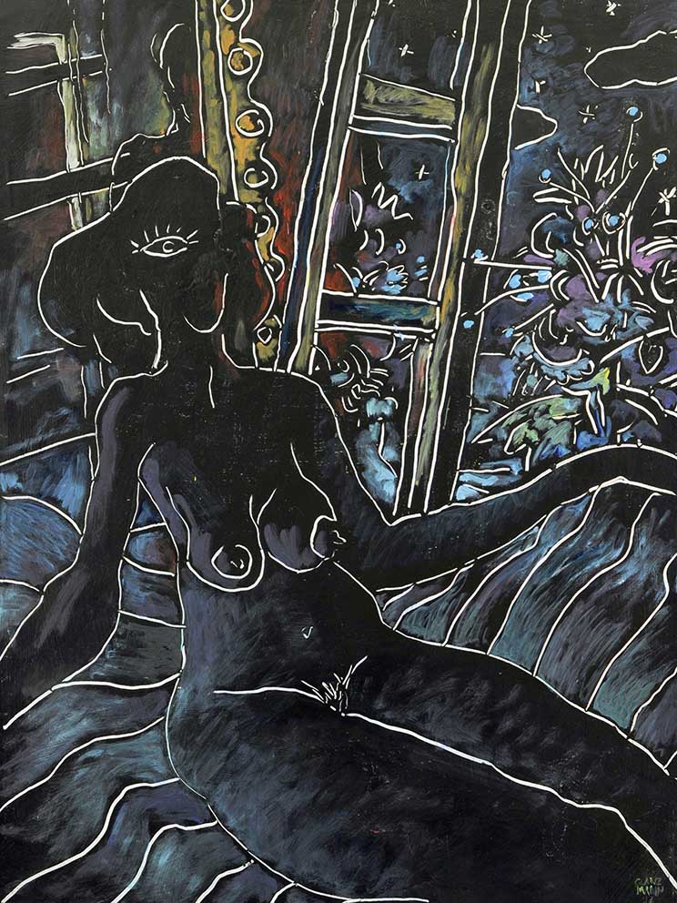 13 Minnelieder für Herzschrittmacher (Blumen im Fenster) Acryl auf HK, 60 x 80cm, 1992