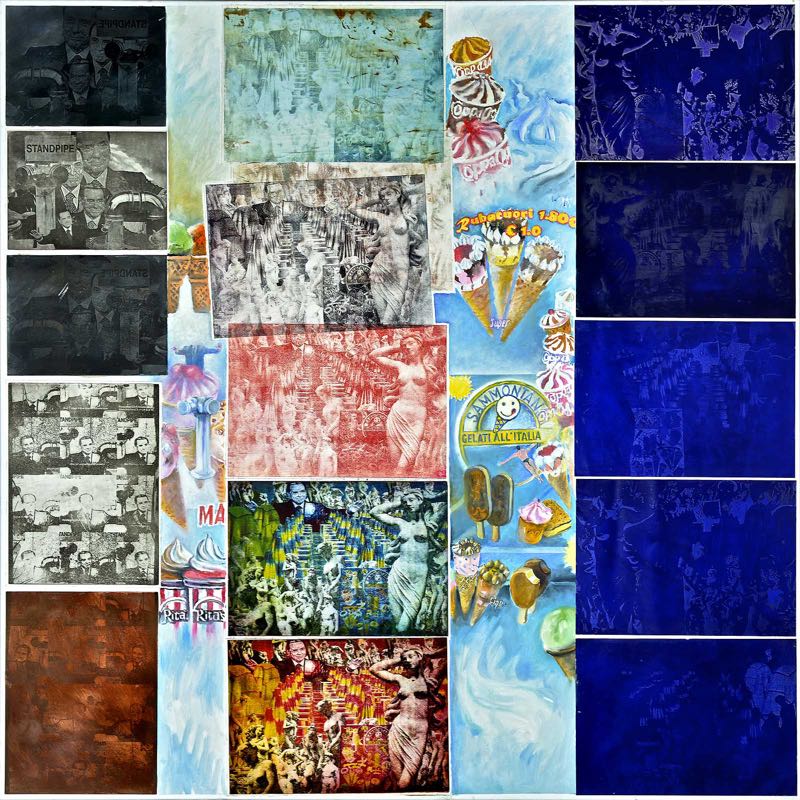 93 "Gelati all'Italia", Drucke, Platten & Acryl auf Leinwand, 100x100cm, 2014