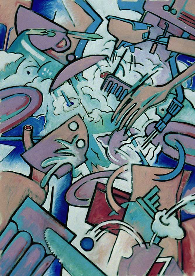 Childrenscorner 17 StillAlive in the Children's kitchen 1, Kohle,Acryl auf BW(Kampfanzugstoff),128x91.5cm, 1992