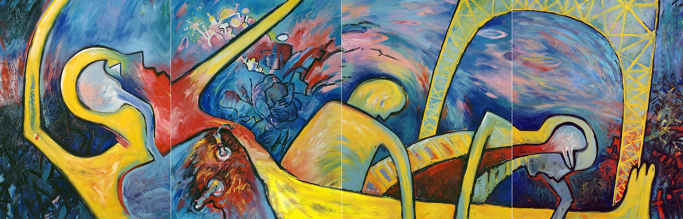 01 Minnelieder für Herzschrittmacher (GHSM), 4 teilig, Acryl auf BW, 180 x 560cm, 1990