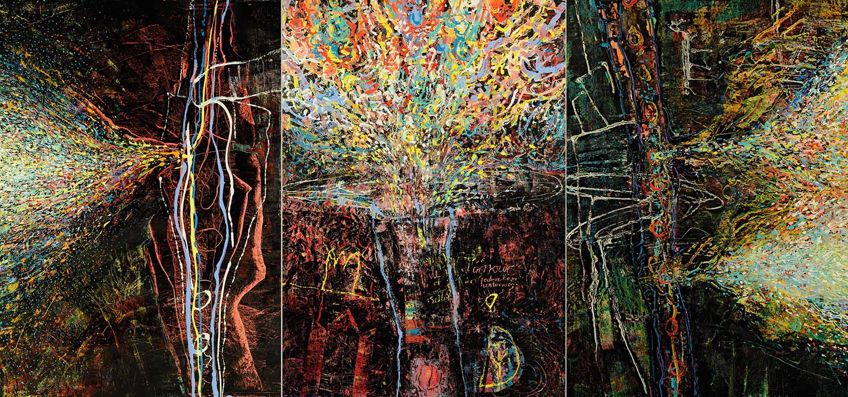 19 Triptychon, île d'amour 16, 17, 18, Acryl auf Papier, 128 x 273 cm, 1995.jpg