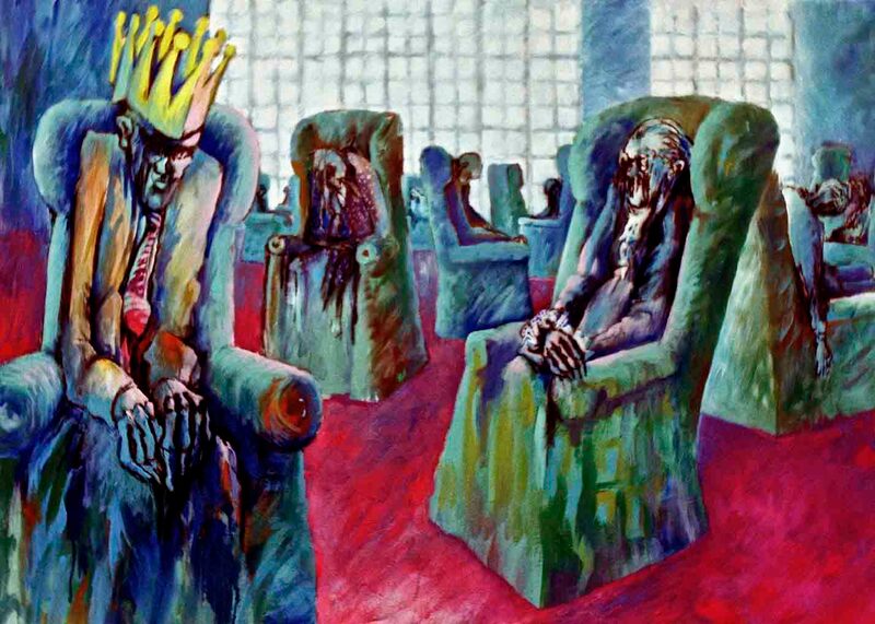 10 Vom Be-Sitzen & Stühlen (Dreikönigstag), Acryl auf BW, 100 x 140cm, 1989