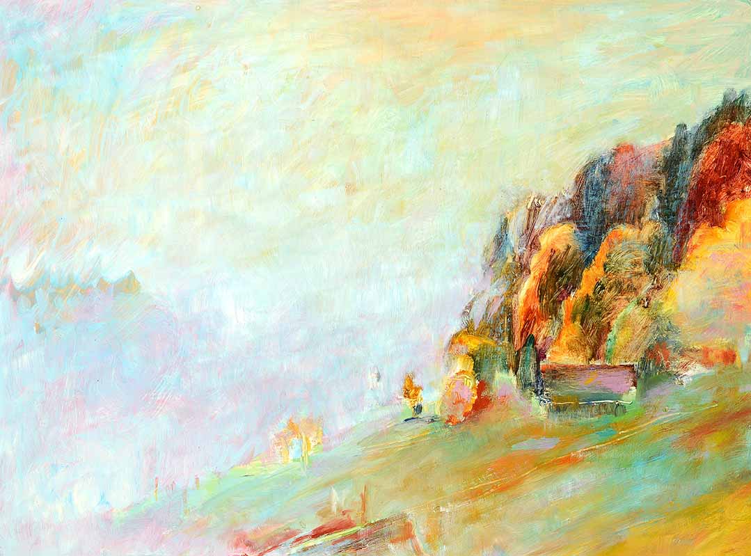 Pizzalandschaft, Ölfarbe auf Pizzakarton, 28.5 x 38.5cm, 2000/01 - 07