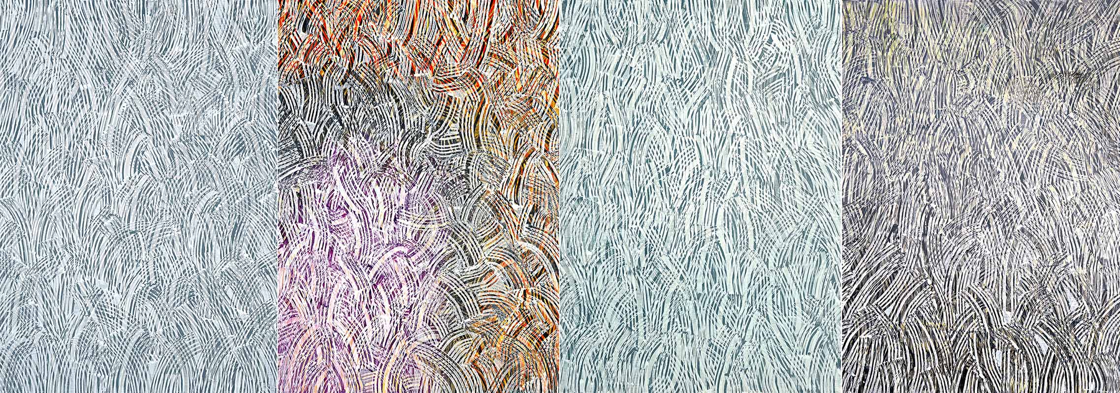 Tonspuren S8 Kompilation (59a,58,59b,57) Acryl auf Papier, 128.5x366cm,2023