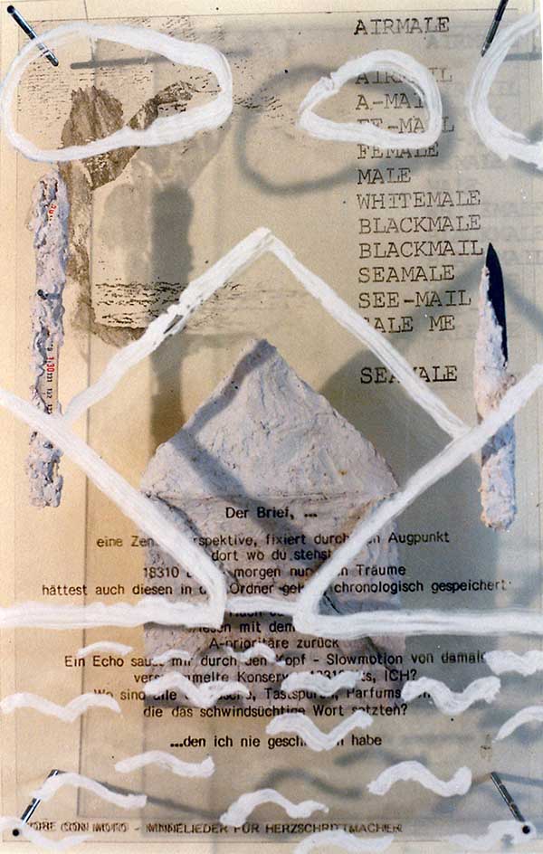 S2 17 Nie geschriebener Brief, diverse Materialien auf 3 Plexischeiben, 30x42x60cm, 1996*