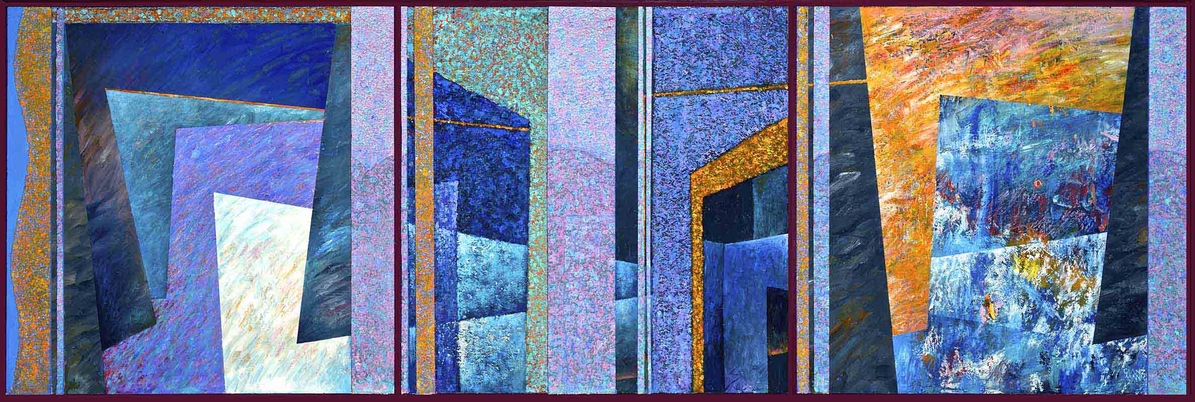 Tonspuren S3, Passagen 2, Sand, Sägemehl, Industrielack, Ölfarbe auf Holzrahmen, 60x180cm, 2013, - 42